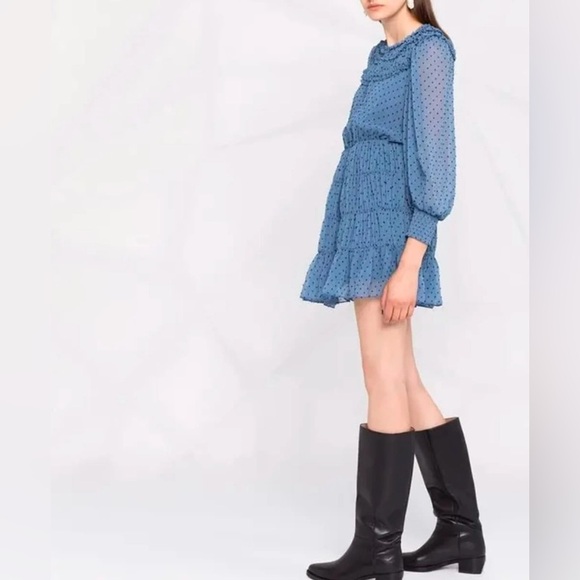 Sandro Paris Swiss Dot Ruffle Smocked Cuff Mini Dress - Picture 8 of 9